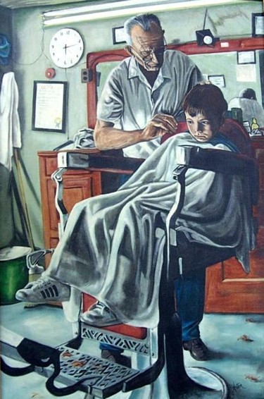 Schilderij getiteld "First haircut" door Anton Nichols, Origineel Kunstwerk, Olie