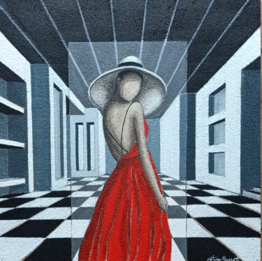 Painting titled "RED DRESS" by Antonella Preti, Original Artwork, Acrylic Mounted on Wood Panel