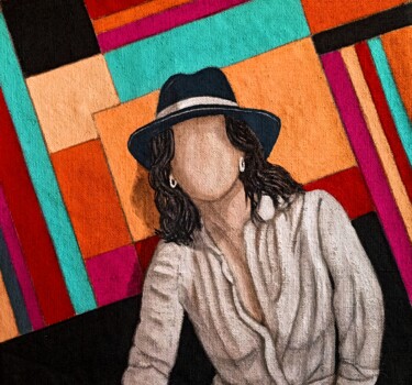 Schilderij getiteld "GIRL WITH HAT" door Antonella Preti, Origineel Kunstwerk, Acryl Gemonteerd op Frame voor houten brancard