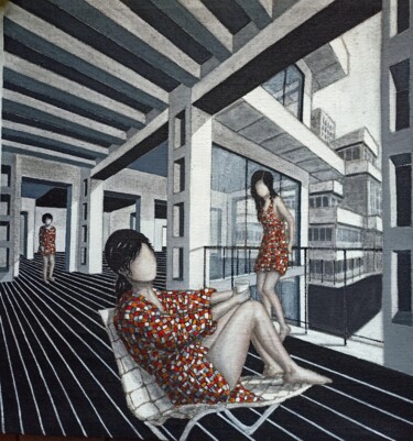 Painting titled "Donne in architettu…" by Antonella Preti, Original Artwork, Acrylic Mounted on Wood Stretcher frame