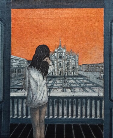Painting titled "SUNSET IN MILAN (a…" by Antonella Preti, Original Artwork, Acrylic Mounted on Wood Stretcher frame