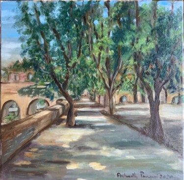 Painting titled "Il Viale" by Antonella Prosperi, Original Artwork, Oil Mounted on Wood Stretcher frame