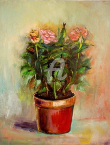 Painting titled "Mini rosiers" by Antonia Ney, Original Artwork, Oil