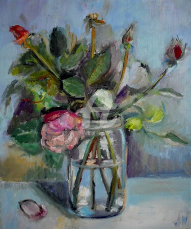 Painting titled "Roses fanées" by Antonia Ney, Original Artwork, Oil