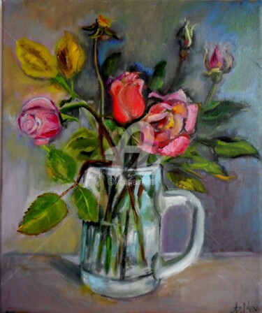 Pintura intitulada "Bouquet de roses en…" por Antonia Ney, Obras de arte originais, Óleo