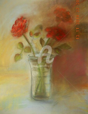 Peinture intitulée "Roses rouges pastel" par Antonia Ney, Œuvre d'art originale, Pastel