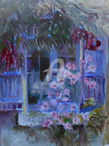 Painting titled "Fenêtre bleu avec f…" by Antonia Ney, Original Artwork, Oil