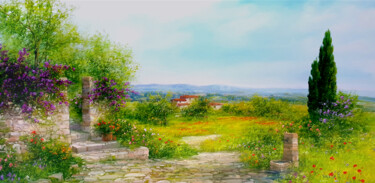 Painting titled "Bloomed countryside…" by Antonietta Varallo, Original Artwork, Oil Mounted on Wood Stretcher frame