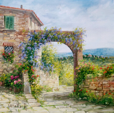 Painting titled "Flowery country roa…" by Antonietta Varallo, Original Artwork, Oil Mounted on Wood Stretcher frame