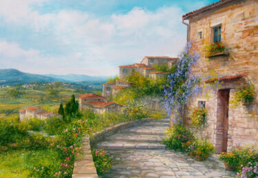 Painting titled "Piccolo borgo Tosca…" by Antonietta Varallo, Original Artwork, Oil Mounted on Wood Stretcher frame