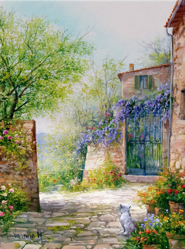 Painting titled "Courtyard with cat…" by Antonietta Varallo, Original Artwork, Oil Mounted on Wood Stretcher frame
