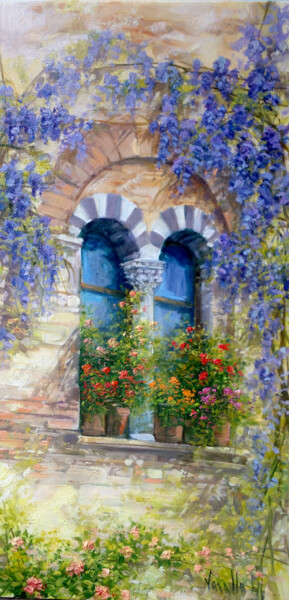 Painting titled "Old window with flo…" by Antonietta Varallo, Original Artwork, Oil Mounted on Wood Stretcher frame
