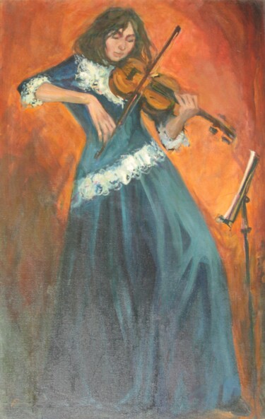 Painting titled "Скрипачка" by Antonii Bushuev, Original Artwork, Oil Mounted on Wood Stretcher frame