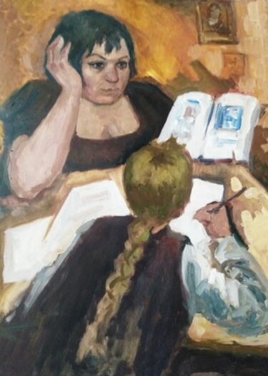 Pintura titulada "За уроками" por Antonii Bushuev, Obra de arte original, Oleo Montado en Bastidor de camilla de madera