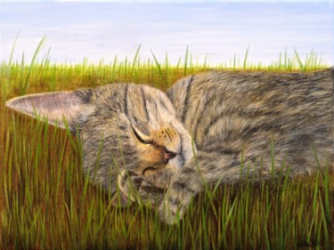 Peinture intitulée "Le chaton insoucieux" par Antop, Œuvre d'art originale, Huile Monté sur Châssis en bois