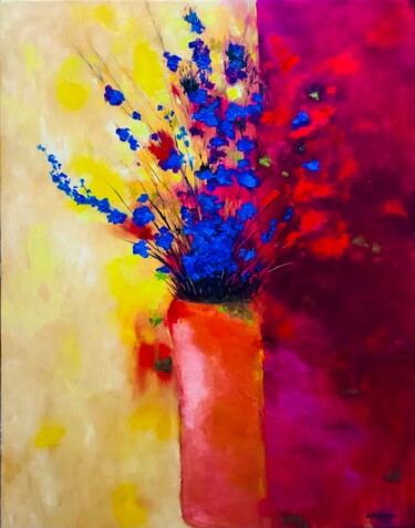 Painting titled "Blue on Red Abstrac…" by Antonina Dunaeva, Original Artwork, Oil