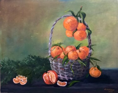 Painting titled "Tangerines In Bucke…" by Antonina Dunaeva, Original Artwork, Oil Mounted on Wood Stretcher frame