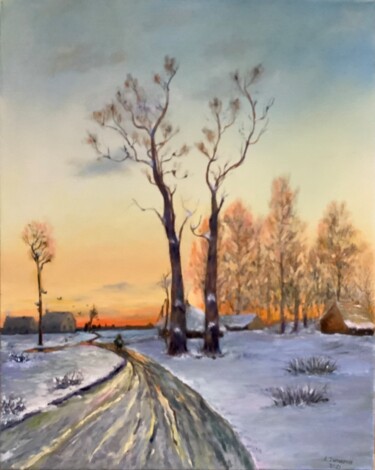 Painting titled "Sunset in Village L…" by Antonina Dunaeva, Original Artwork, Oil