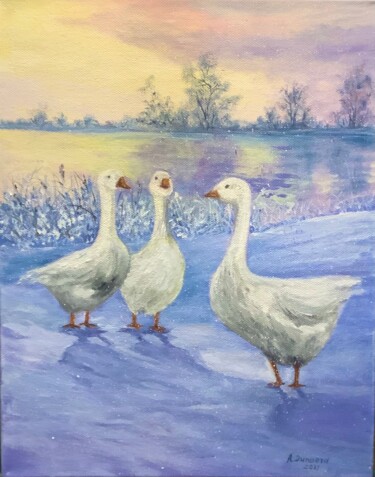 Malerei mit dem Titel "Winter Geese Origin…" von Antonina Dunaeva, Original-Kunstwerk, Öl