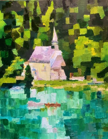 Malerei mit dem Titel "Church Lake Switzer…" von Antonina Dunaeva, Original-Kunstwerk, Öl