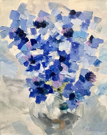 Painting titled "Blue Flowers Abstra…" by Antonina Dunaeva, Original Artwork, Oil