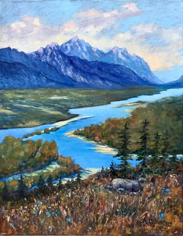Pittura intitolato "Mountains River Lan…" da Antonina Dunaeva, Opera d'arte originale, Olio