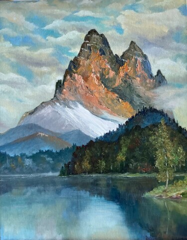 Painting titled "Lake in Mountains L…" by Antonina Dunaeva, Original Artwork, Oil