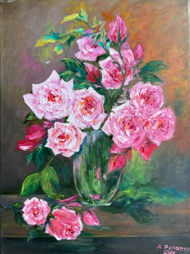 Painting titled "Pink Roses Floral O…" by Antonina Dunaeva, Original Artwork, Oil