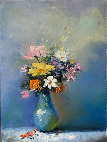 Schilderij getiteld "Flowers in Vase Nat…" door Antonina Dunaeva, Origineel Kunstwerk, Olie