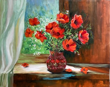 Pittura intitolato "Poppies at Window N…" da Antonina Dunaeva, Opera d'arte originale, Olio