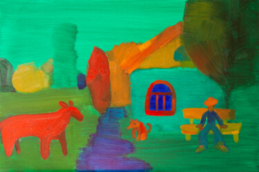 Картина под названием "Man with dog and ho…" - Antonina Falchuk, Подлинное произведение искусства, Масло