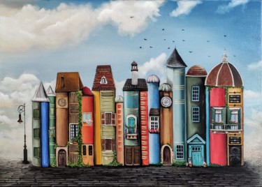 Painting titled "The Book Village" by Antonina Leshchenko, Original Artwork, Oil