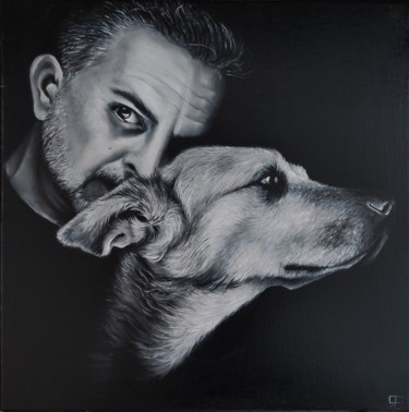 Malerei mit dem Titel "The men and his dog" von Antonina Leshchenko, Original-Kunstwerk, Öl