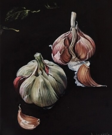 Painting titled "Garlic" by Antonina Leshchenko, Original Artwork, Oil Mounted on Wood Stretcher frame