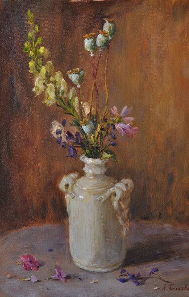 Painting titled "Bouquet with faded…" by Antonina Pylaeva, Original Artwork, Oil