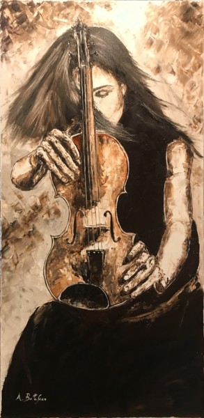 Painting titled "women con violino" by Antonino Buttafoco, Original Artwork, Oil Mounted on Wood Stretcher frame