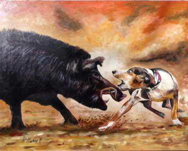 Painting titled "Ataque de Jabali.jpg" by Antonio Muñoz Rodríguez, Original Artwork, Oil