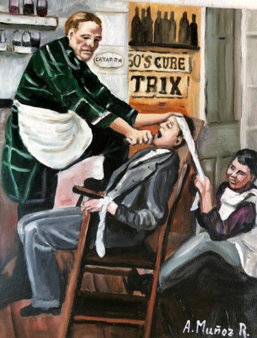 Painting titled "Dentistas y barbero…" by Antonio Muñoz Rodríguez, Original Artwork, Oil