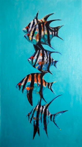 Painting titled "Peces en vertical" by Antonio Abril, Original Artwork, Oil Mounted on Wood Stretcher frame