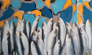 Картина под названием "Peces sobre mosaico" - Antonio Abril, Подлинное произведение искусства, Темпера
