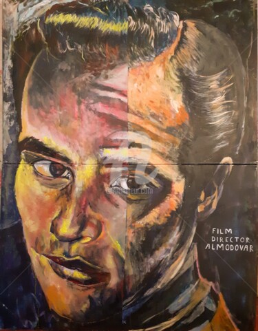 Painting titled "FILM DIRECTOR ALMOD…" by Almodovar Antonio, Original Artwork, Oil Mounted on Wood Stretcher frame
