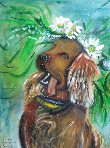 Pittura intitolato "il cane con i fiori" da Antonio Cariola, Opera d'arte originale, Olio
