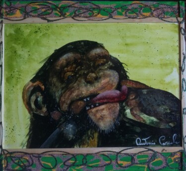Pittura intitolato "la scimmia che sche…" da Antonio Cariola, Opera d'arte originale, Acquarello