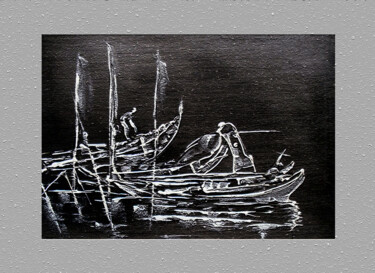 Pintura intitulada "Barcos na noite" por Antonio Guimaraes, Obras de arte originais, Acrílico