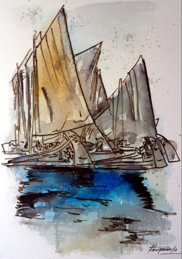 Pintura intitulada "Barcos de Aveiro-Po…" por Antonio Guimaraes, Obras de arte originais, Aquarela