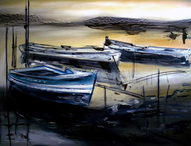 Painting titled "Barcos na Foz do Ar…" by Antonio Guimaraes, Original Artwork, Acrylic