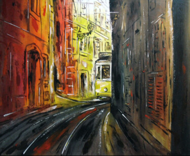 Painting titled "rua de Lisboa antiga" by Antonio Guimaraes, Original Artwork, Oil