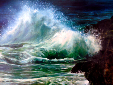 Pintura intitulada "Praia da Nazaré-mar…" por Antonio Guimaraes, Obras de arte originais, Óleo