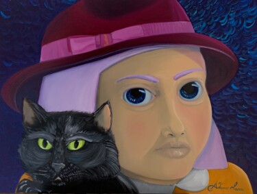 Painting titled "Donna con gatto e B…" by Antonio Mosca, Original Artwork, Oil