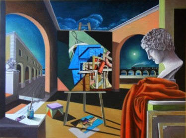 Painting titled "Memorie metafisiche" by Antonio Pirozzi, Original Artwork, Oil Mounted on Wood Panel